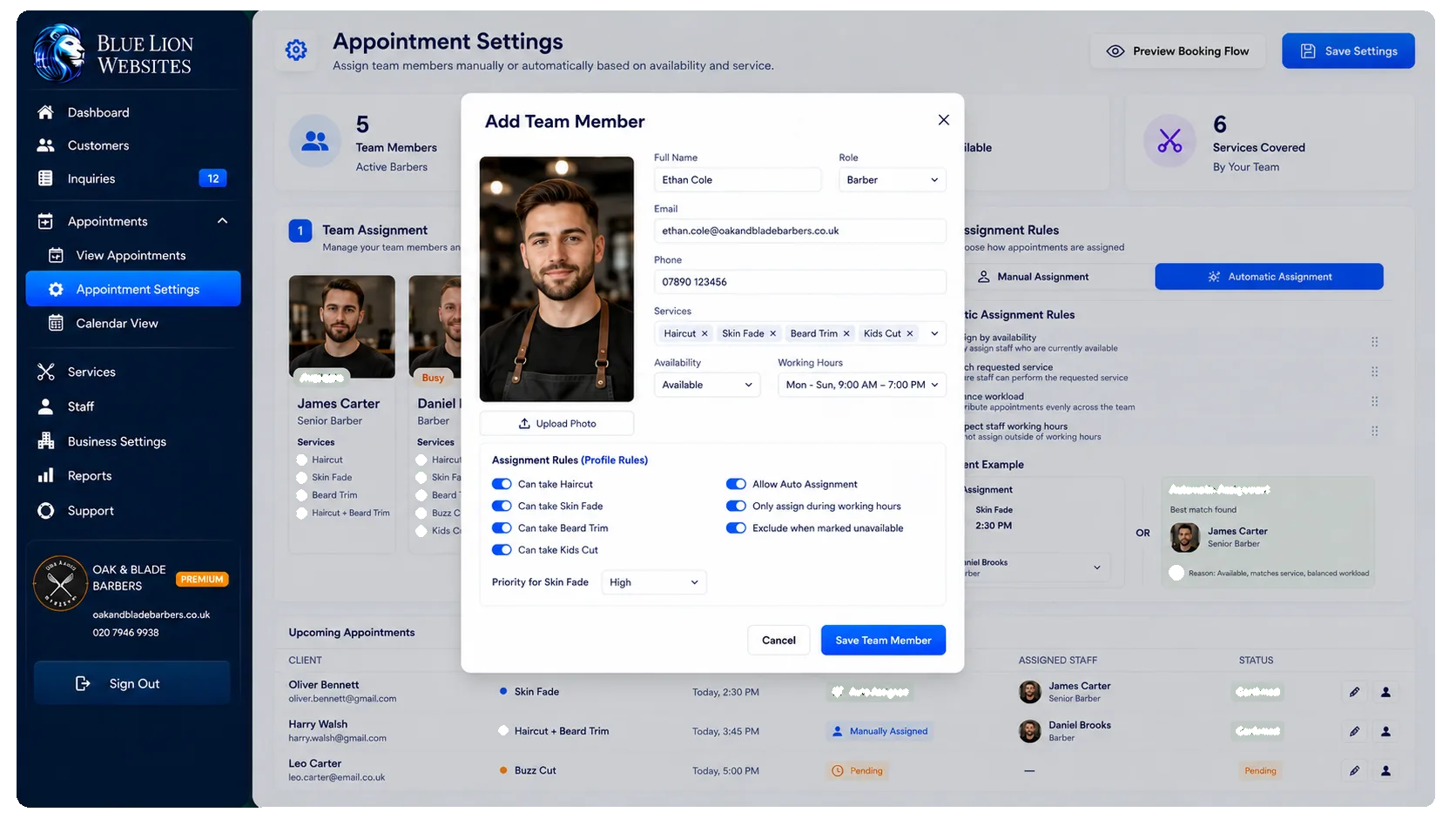 Add new team member form with services and assignment rules