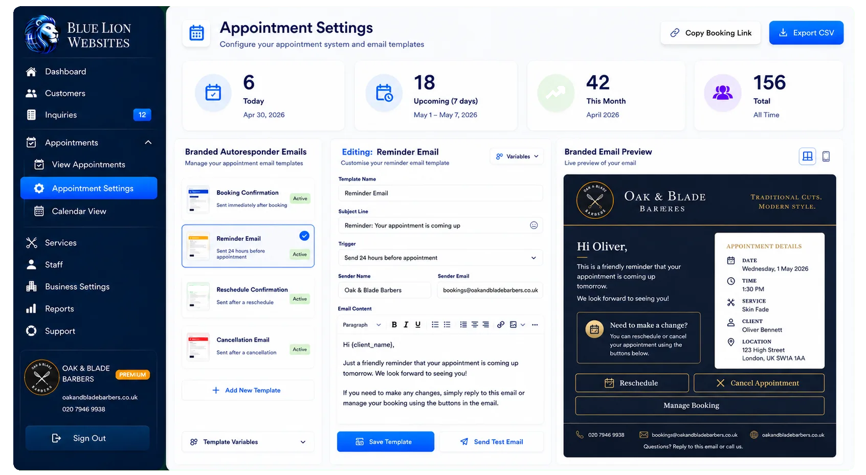 Reminder email template with branded preview