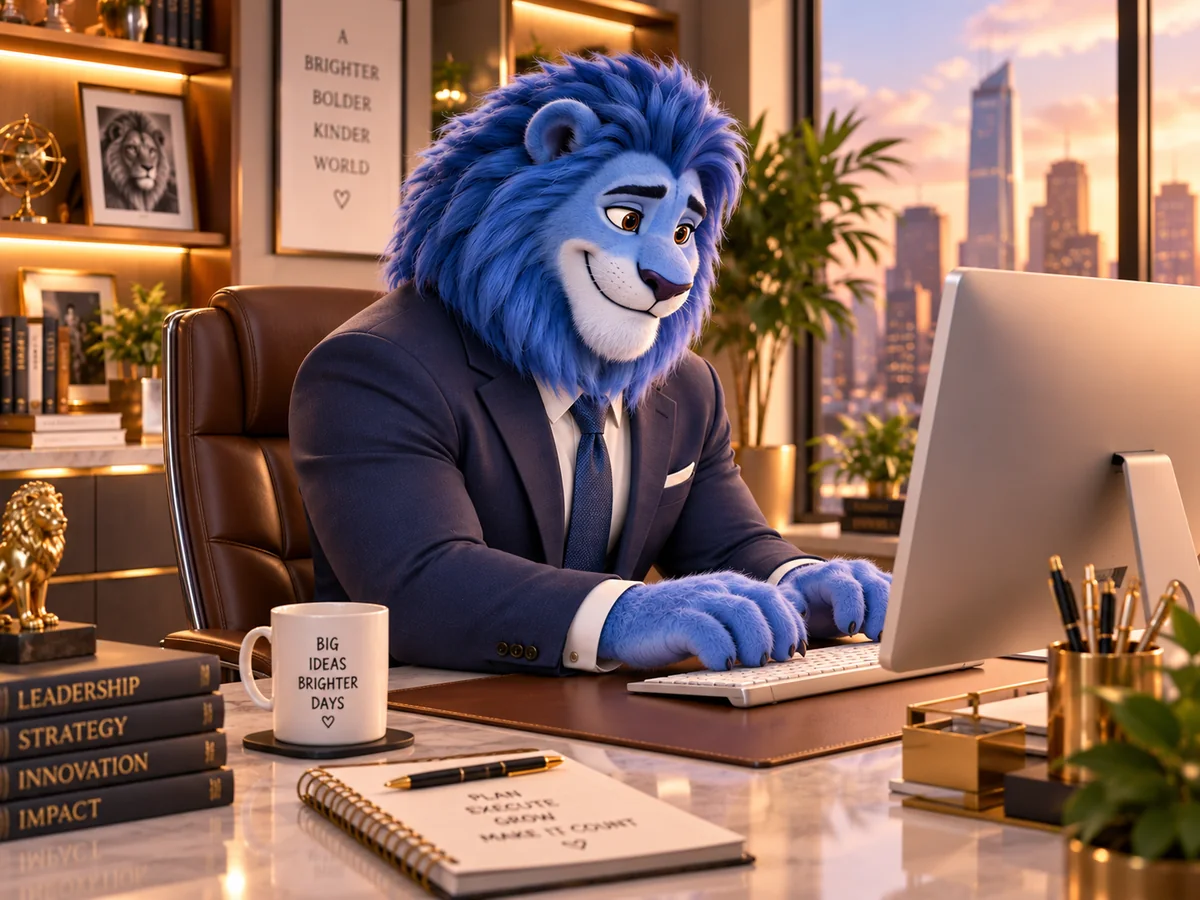 Blue Lion Websites mascot, a blue lion in a navy suit, building a client website at his office desk