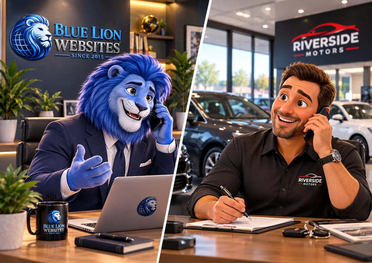 Blue Lion Websites mascot on the phone with a car dealership owner discussing a new business website