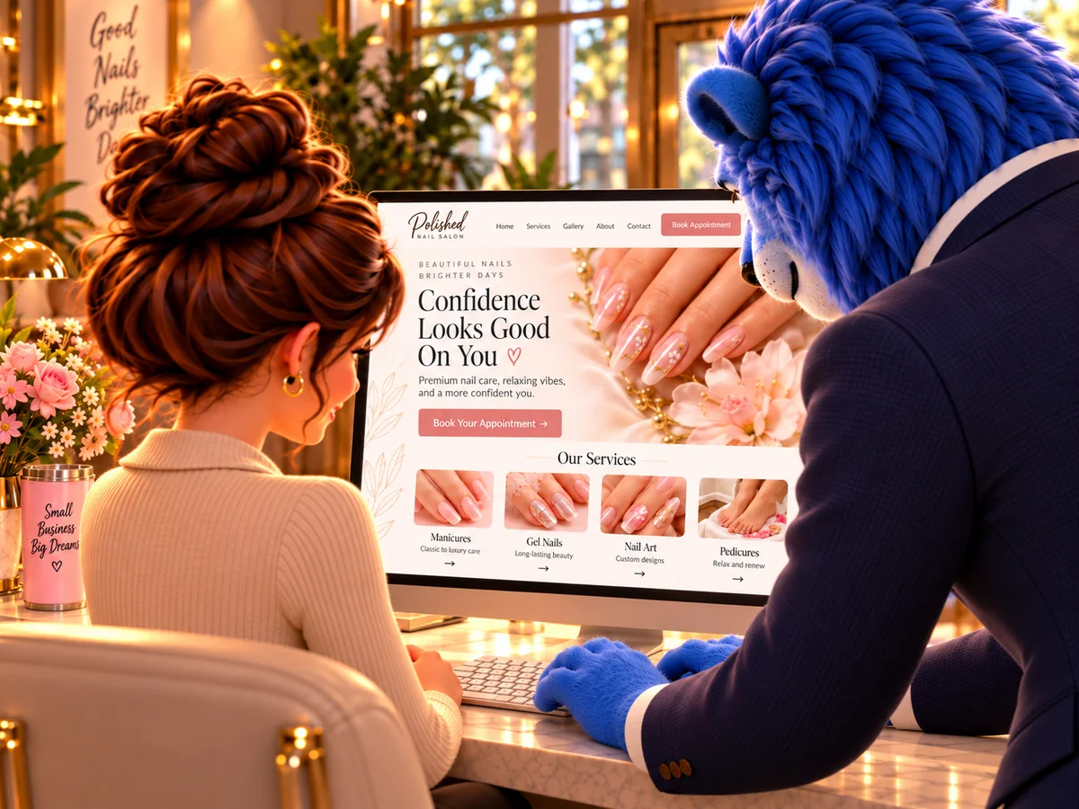 Salon owner reviewing her new nail salon website with the Blue Lion Websites mascot before deciding to go ahead
