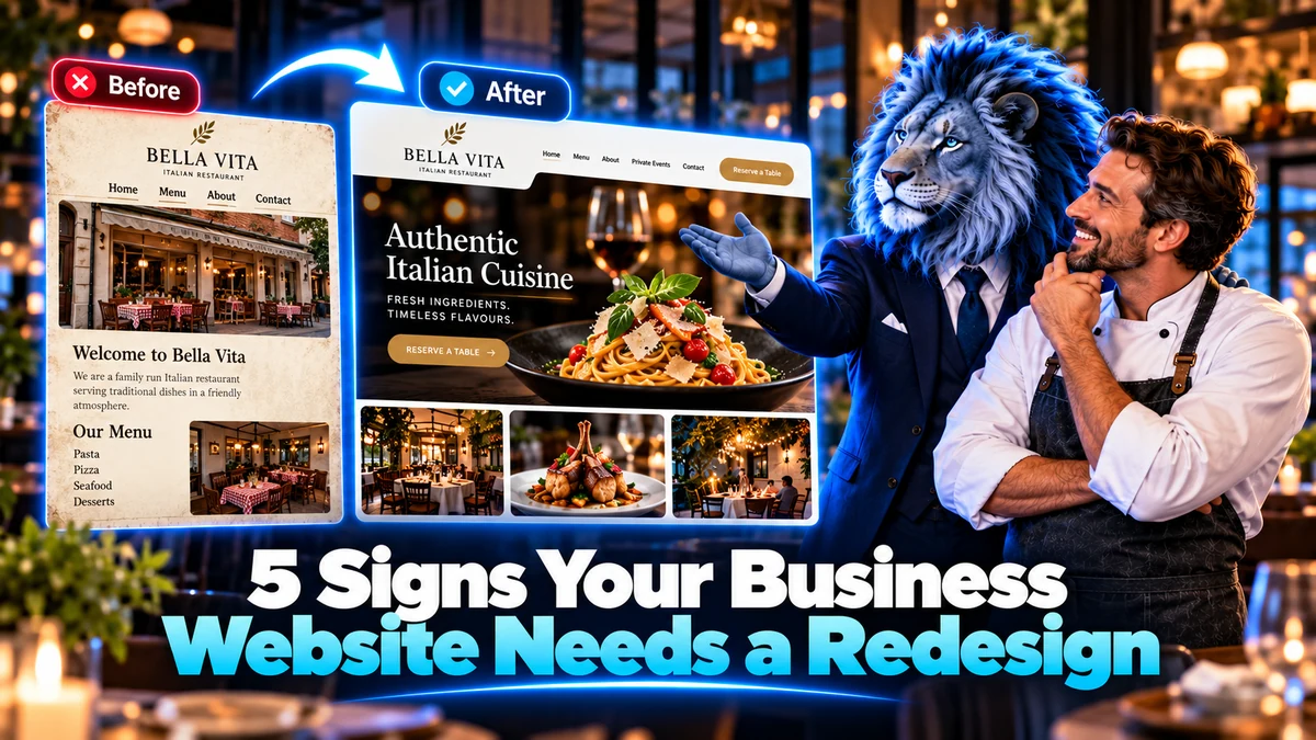 Before and after comparison showing outdated Bella Vita restaurant website transformed into modern, professional design with clear navigation and booking features