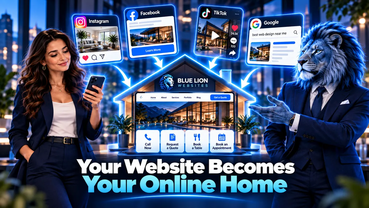 A business website acting as the central online home linking to Facebook, Instagram and TikTok