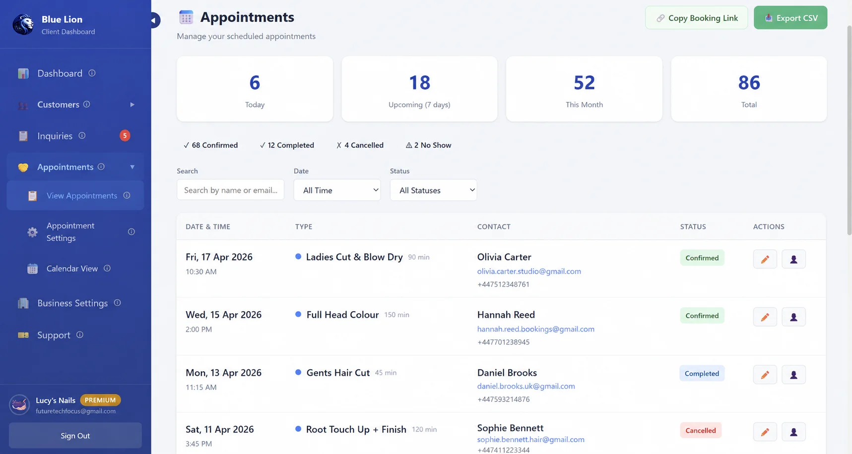 Dashboard — Appointments list