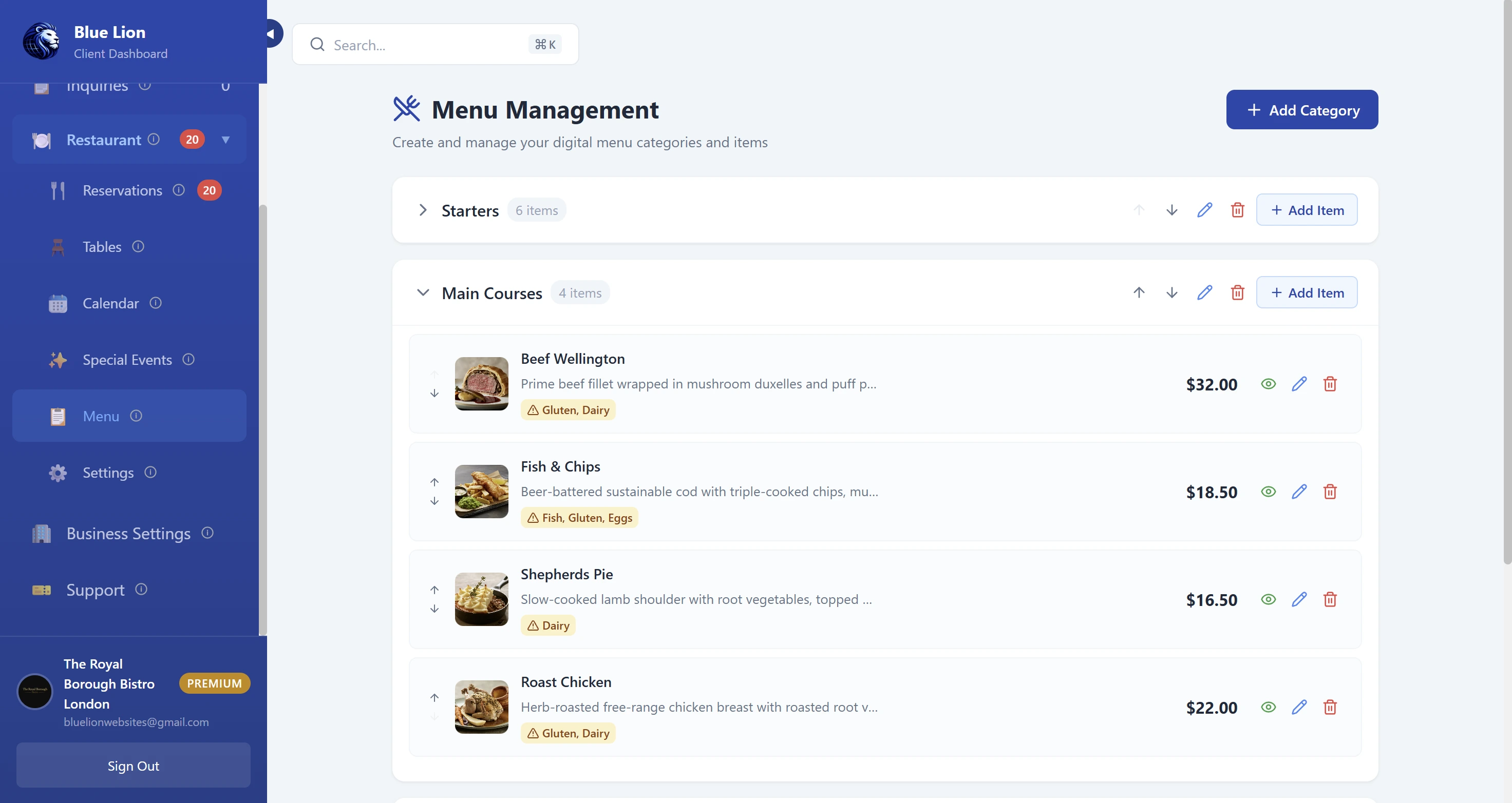 Dashboard — Menu management