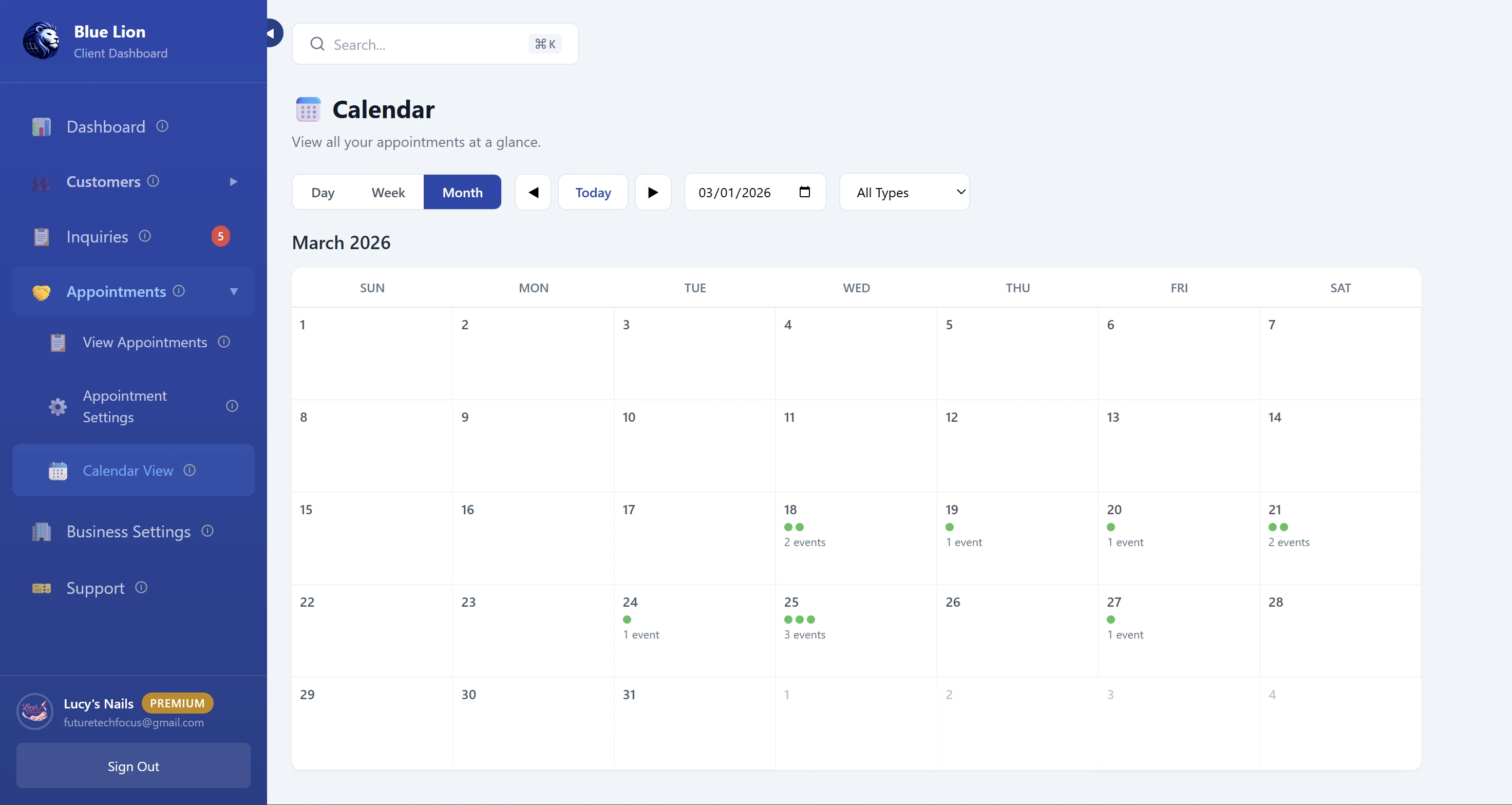 Dashboard — Calendar month view