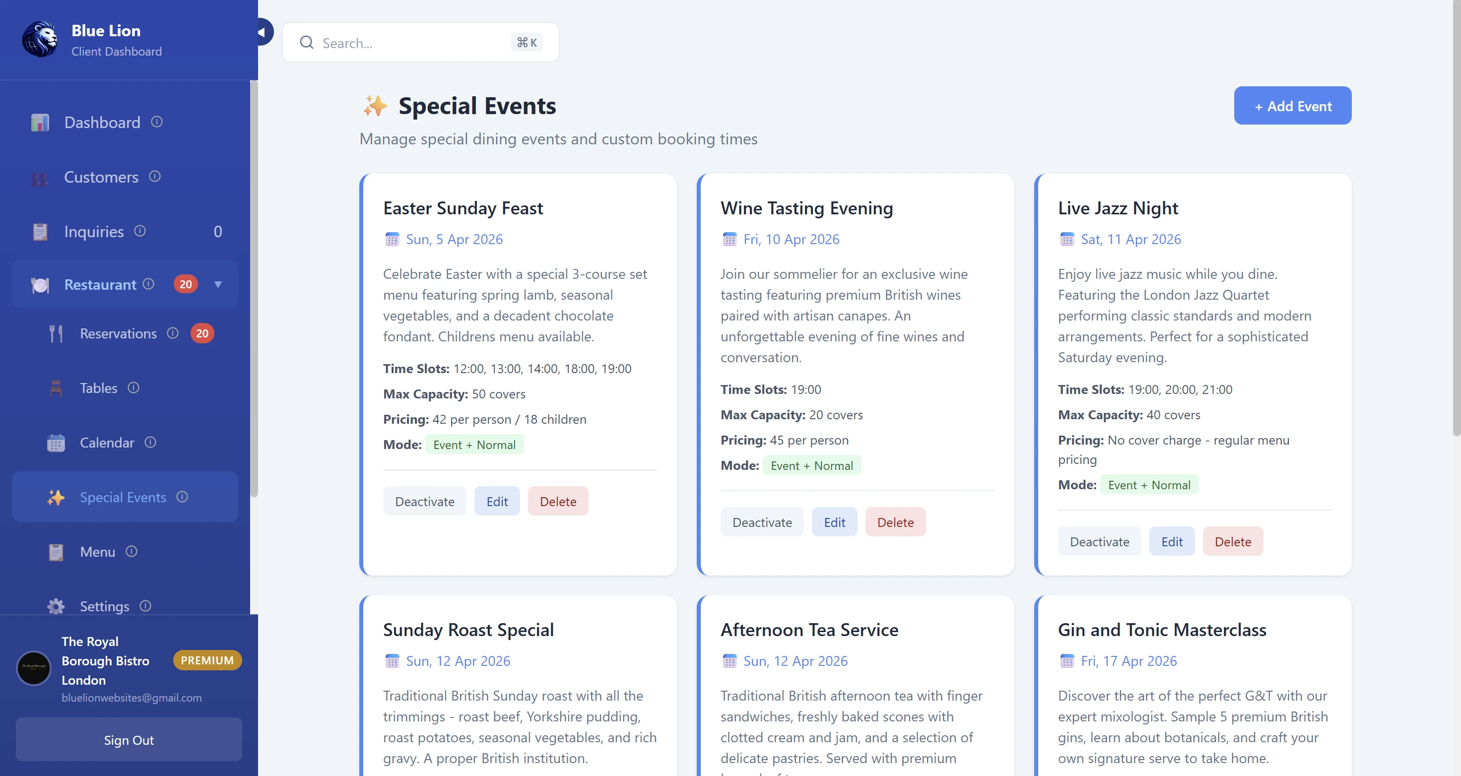 Dashboard — Special events