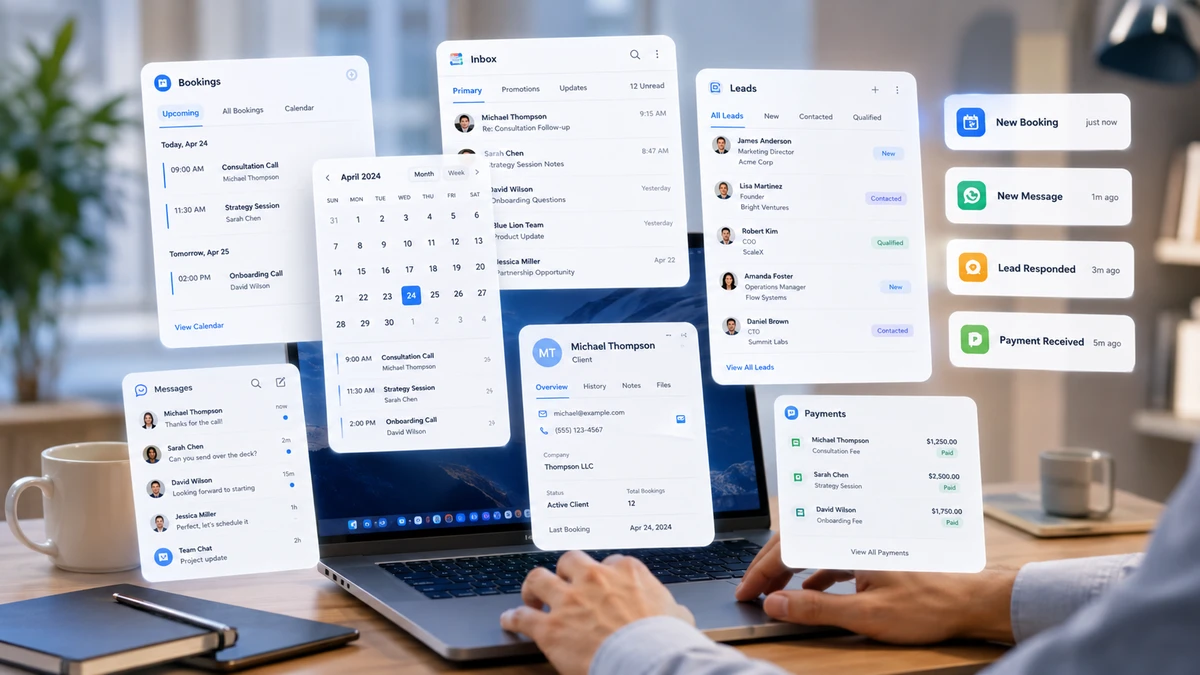 Multiple business tools open on a laptop – bookings, emails, calendar, leads, payments