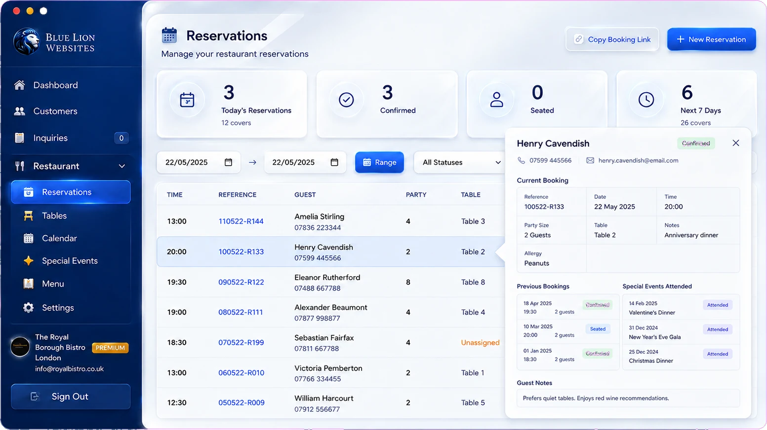 Customer card hover detail showing booking history and guest notes