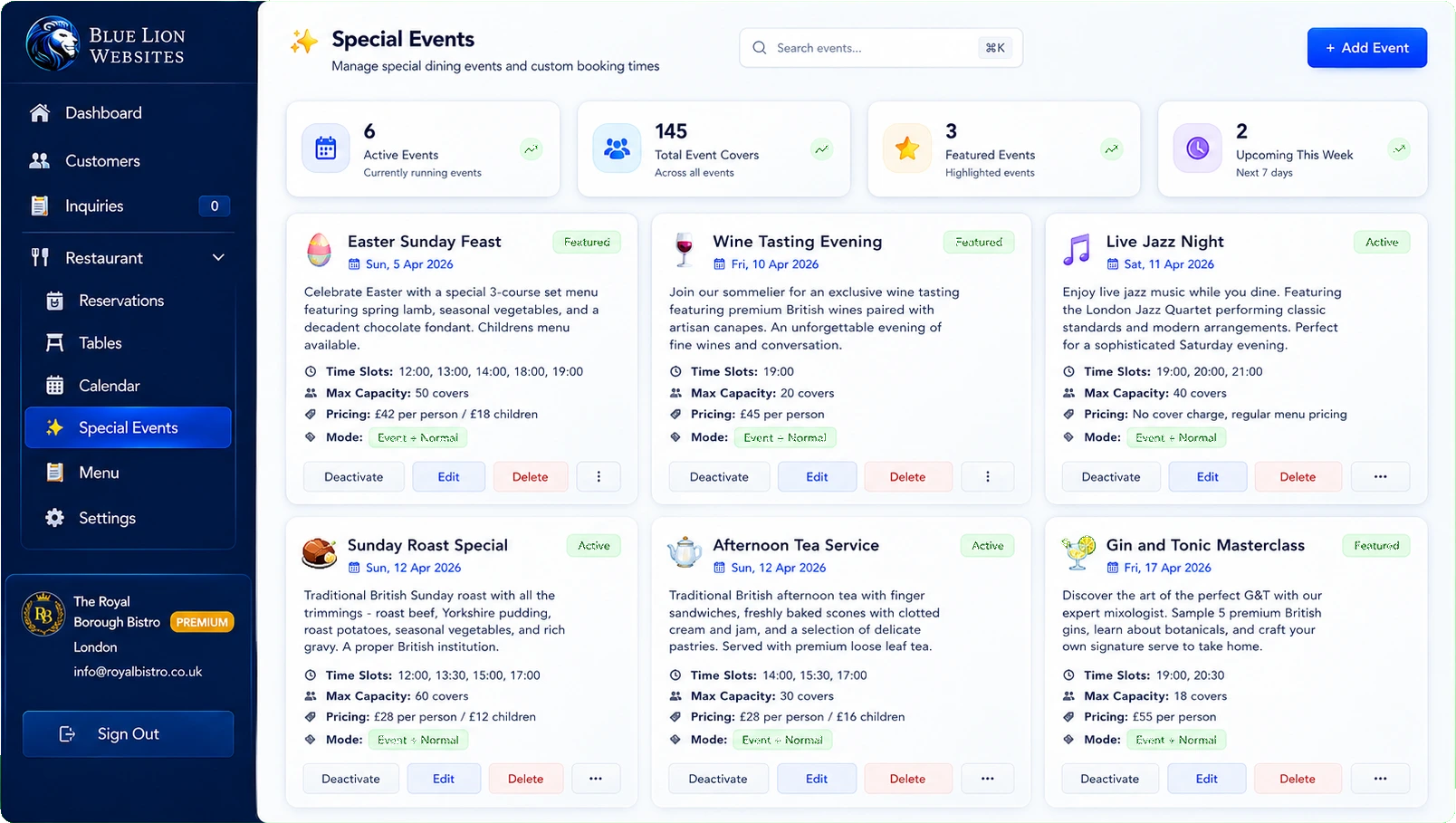 Special events management dashboard