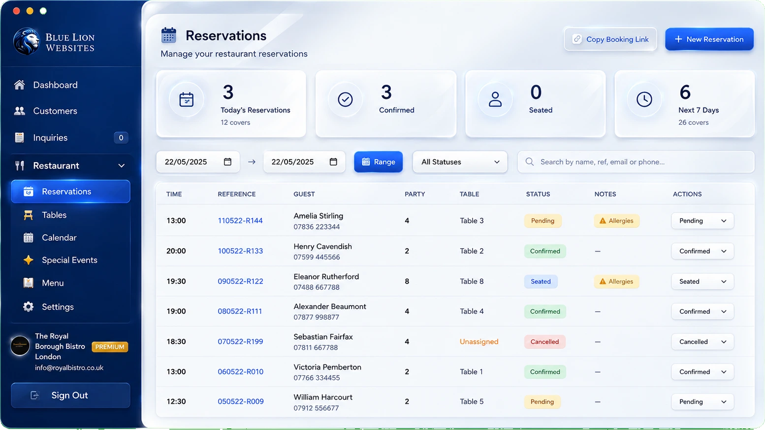 Reservations dashboard with booking list