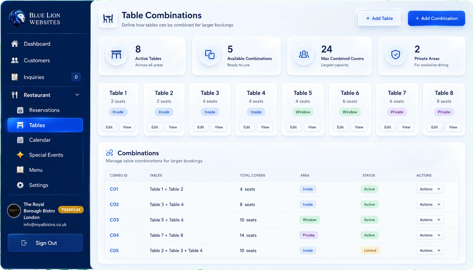 Table combinations and capacity settings