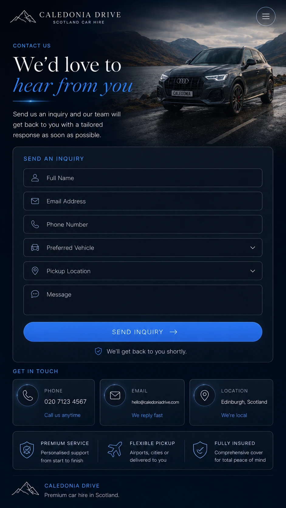 Car hire website — mobile view
