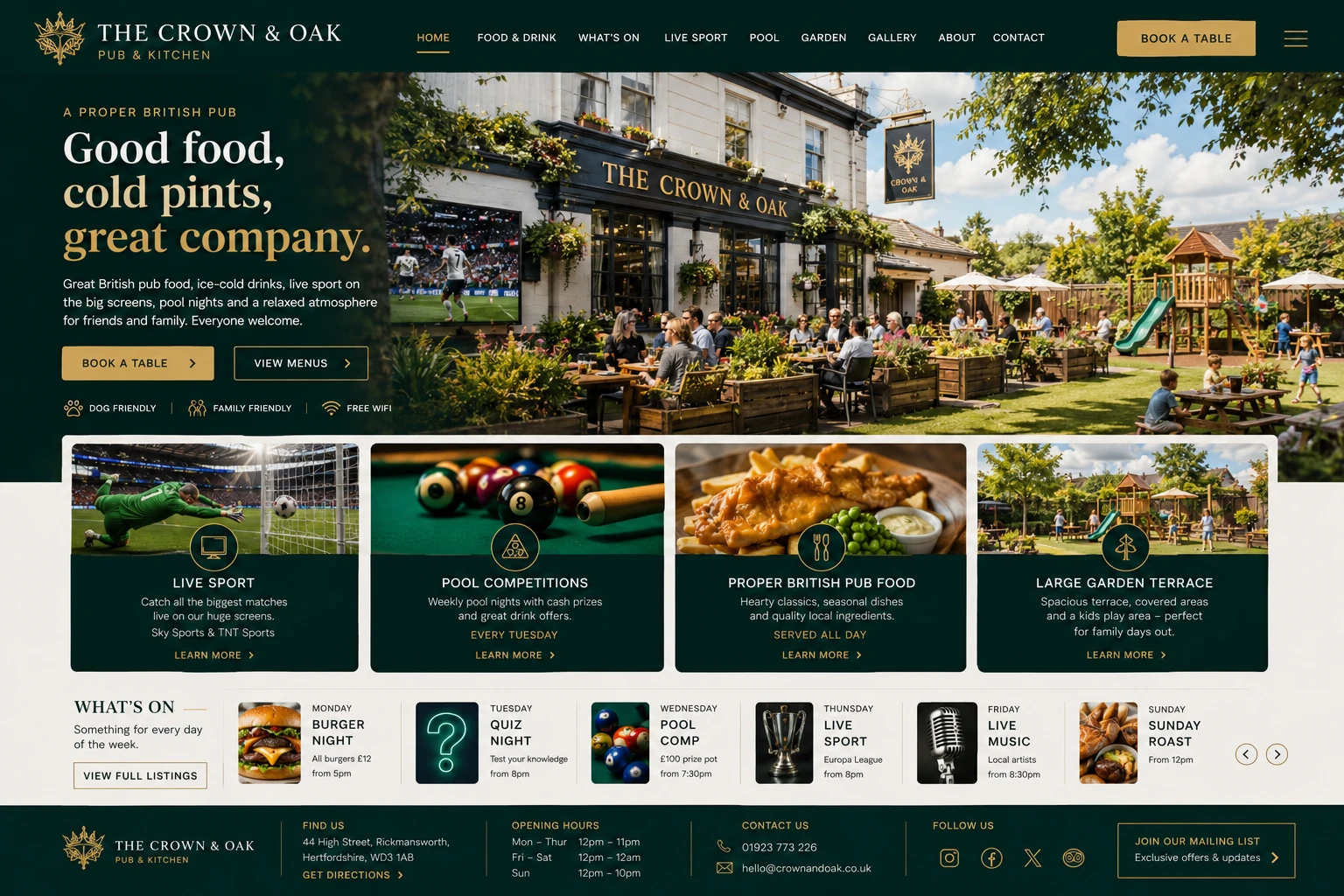 Pub website — desktop view