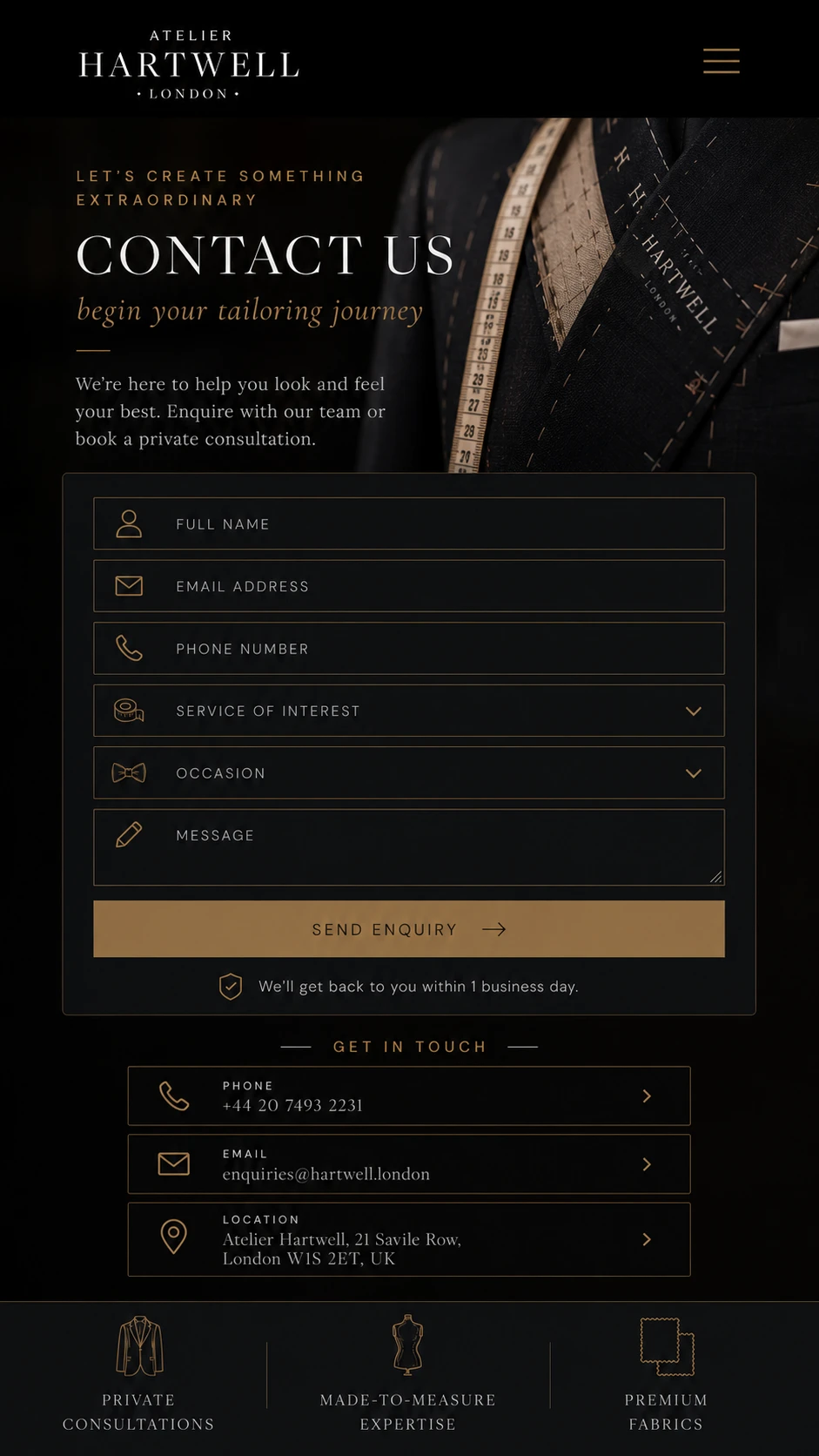 Suit tailor website — mobile view